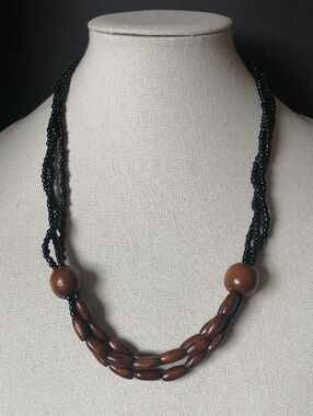 Vintage Boho-Style Wooden Beads Black Glass Seed Beads Magnetic Clasp Necklace